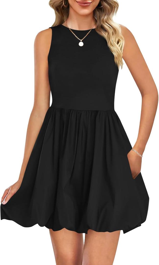 Naggoo Womens Summer Dresses 2026 Sleeveless Mini Short Tank Dress Beach Vacation Crewneck Bubble Sundress with Pockets (XX-Large, Black)