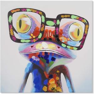 JAPO ART Happy Frog with Glasses Canvas Wall Art Funny Colorful Animal Red Eyed Tree Frog Wall Art Pictures Hand Painted Painting Framed Artwork for Kidroom Bedroom 16x16Inch (15.8L" x 6.3W")