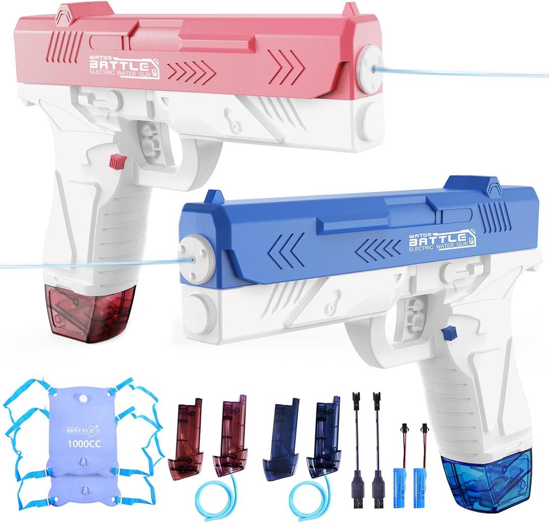 Electric Water Gun for Adults & Kids, Water Gun with 1000CC Backpack& 33FT Range Squirt Guns Water Pistol Automatic Power Water Toy - Pool Beach Outdoor Summer Toys Gift for Boys Girls2PCS (Blue Pink)