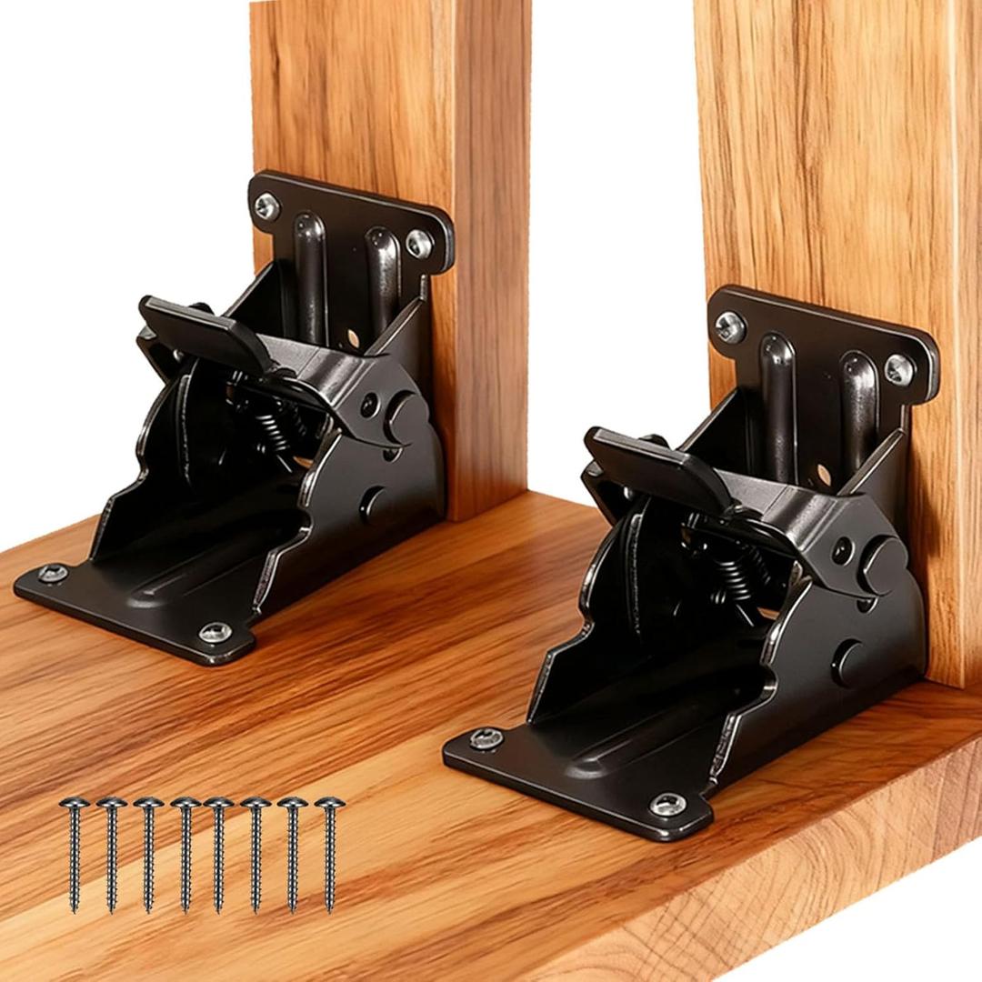 Folding Brackets Black, 0-180 Degrees Self-Lock Hinge with Screws for Folding Table Legs,Quick-Install Heavy-Duty Extension Support Bracket Foldable Self Lock Hinges for DIY Table Bed Leg Feet(2 Pack)