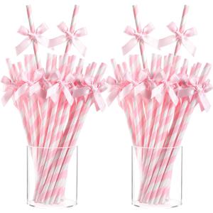 Potchen 200 Pcs Valentine's Day Bow Paper Straws Bulk Pink and White Disposable Striped Straws for Drinking, Valentines Theme Party Supplies for Birthday Wedding Cake Bachelorette Baby Shower Decor