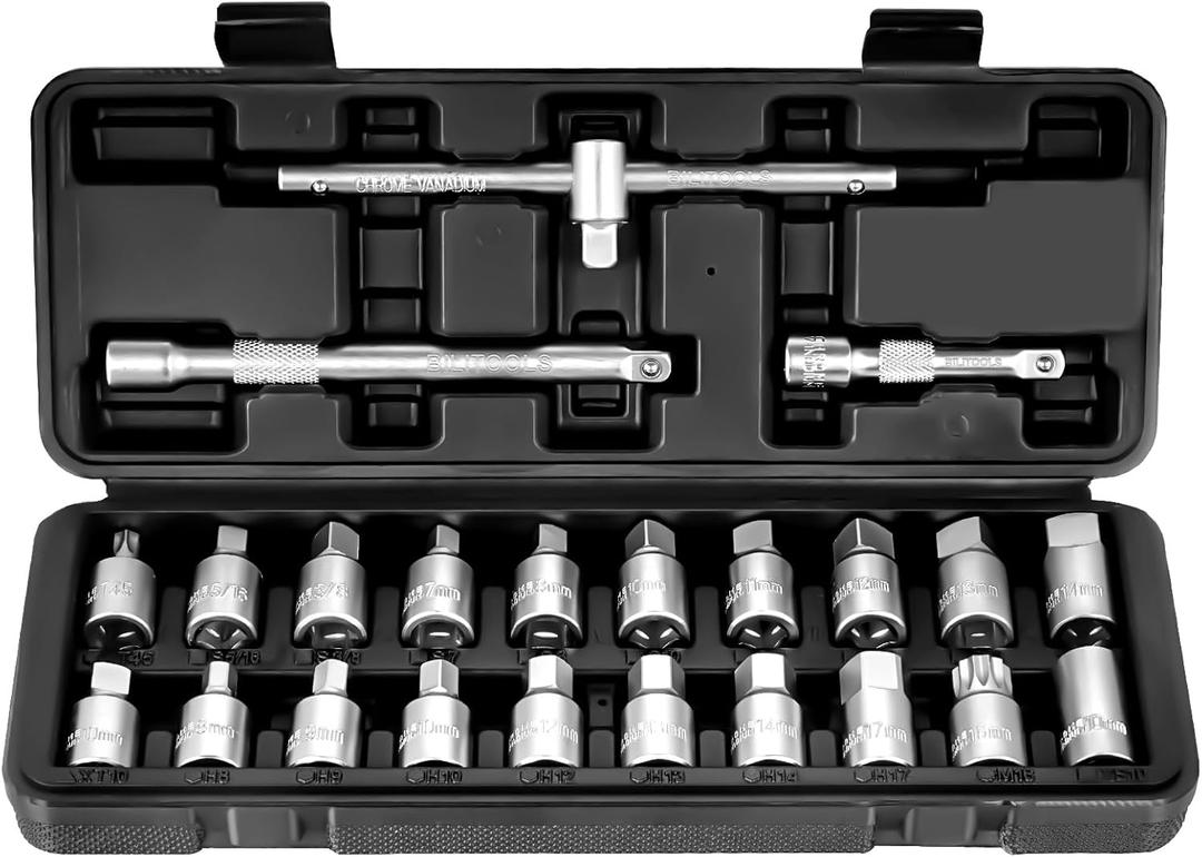 BILITOOLS 23-Piece Drain Plug Socket Set, 3/8" Drive Oil Drain Plug Key for Back Axle, Differential, Gearboxe & Engine Oil Sump