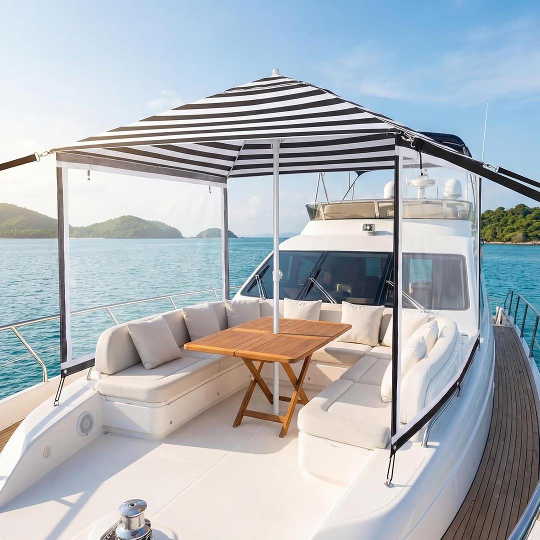 Briwooody Boat Umbrella Sun Shade with Sidewalls Kit 6' x 6' | Boat Sun Cover Anti-Ultraviolet, Adjustable Aluminum Pole to 8 Feet, with Ropes and Storage Bag, Fits Most Boats and Benches