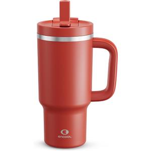 ENCOOL 32 oz Tumbler with Handle and Straw: Stainless Steel Insulated Tumbler Keeps Cold for 24 Hours, Leakproof Travel Cup Fits in Cup Holder and BPA-Free,Medium Carmine