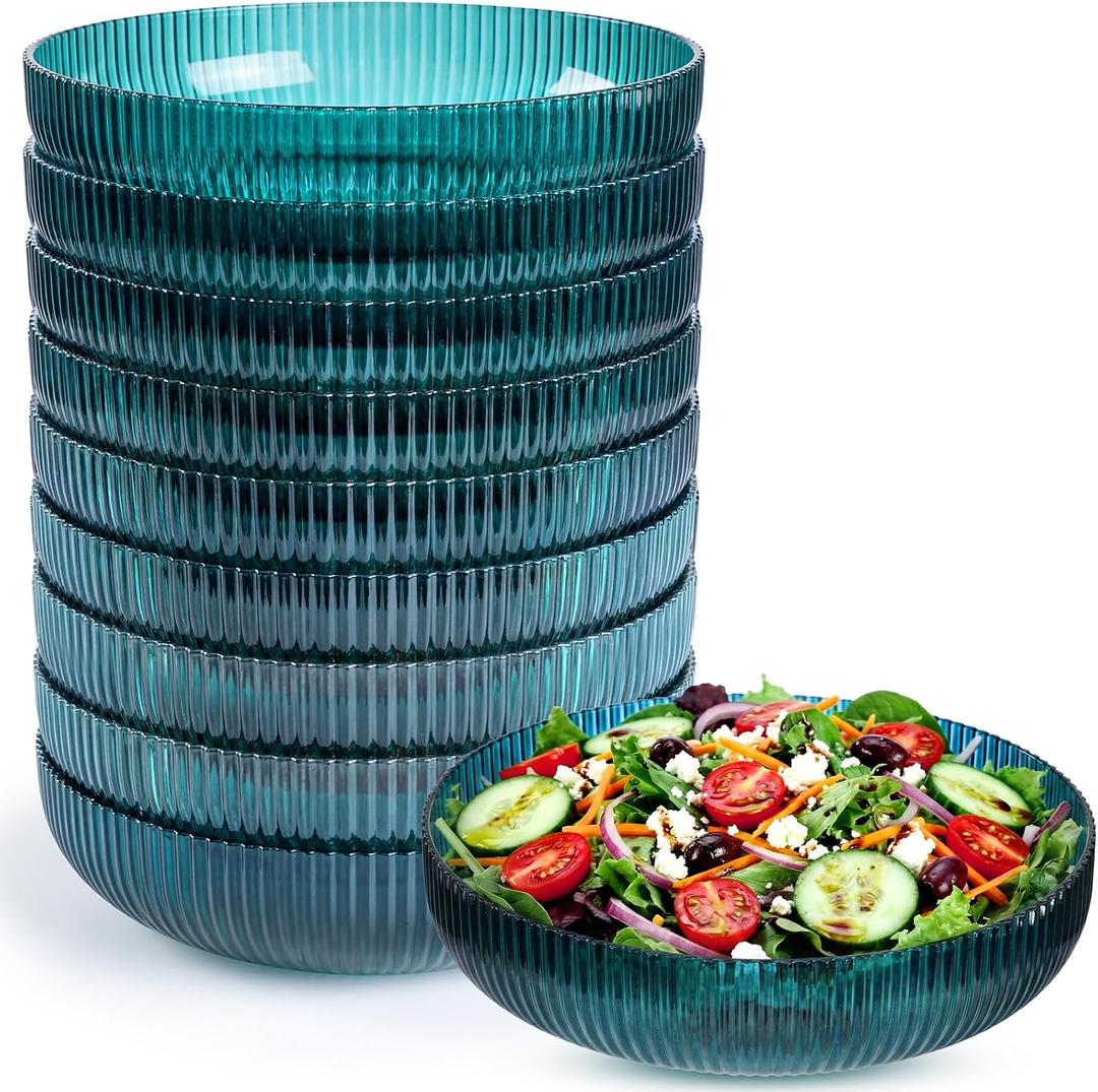10 Pack Plastic Serving Bowls 10 Inch Fruit Salad Mixing Bowl Vertical Ribbed Pattern Buffet Party Serving Bowls for Vegetable Salad Candy Chip Popcorn Party Snack, Peacock Blue