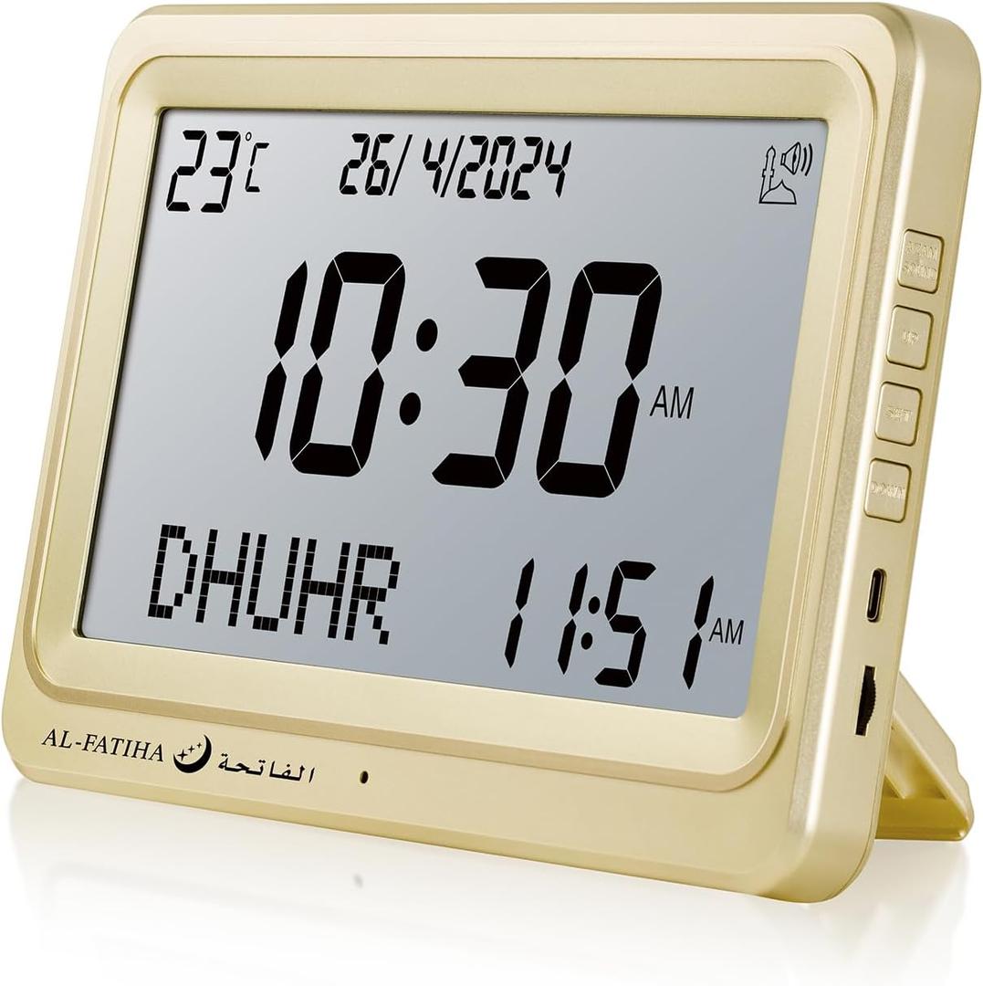 Azan Clock, Automatic Worldwide Digital 8 Azan Prayer Sounds Muslim Prayer Clock for USA Home Decor (Gold)