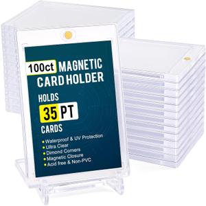 GEAoffice 100pc Magnetic Card Holder for Trading Cards, Hard Plastic 35pt UV Protection Baseball Card Holder with Display Stands for MTG, Sports Cards, Ultra Clear