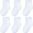 6 Pack Girls White Ruffle Dress Socks Cotton Ruffle Frilly Crew School Uniform Socks (White)