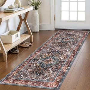 KOZYFLY Runners for Hallways 2x6 Ft Washable Kitchen Runner Rug Boho Runner Rug for Entryway Indoor Printed Oriental Faux Wool Floor Carpet Runner for Bedroom Kitchen Hall, Brick Red/Orange/Green