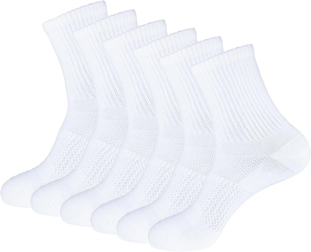 Womens Anti Blister Odor Control Quick Dry Compression Quarter Crew Cotton Athletic Running Hiking Socks (6-10, 6-pack White)