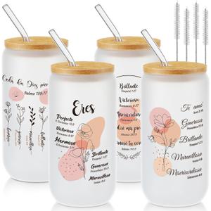 Tioncy 4 Pcs Spanish Christian Glass Cups 16 oz with Lids Straw and Brush Inspirational Religious Jesus Easter Gifts for Mom Girlfriend