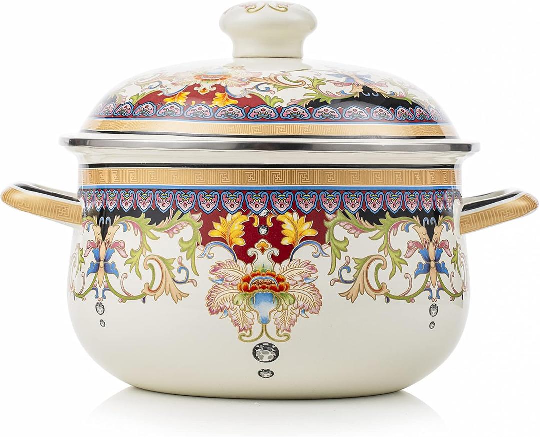 Retro Flower Enamel Stockpot with Lid,Stockpots for Cooking (5L-Mysterious Flower) (Ivory -5QT)