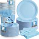 250Pcs Light Blue Paper Plates and Napkins Supplies Include 9Paper Party Plates, 7Dessert Plate Cups Napkins Forks for Baby Shower, Wedding, Birthday, Serves 50