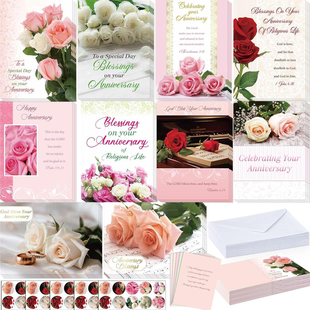 Motiskyy 50 Pack Christian Anniversary Cards with Envelopes Religious Happy Anniversary Cards Bulk with Scripture for Couple Parents Celebrating Anniversary(Rose)