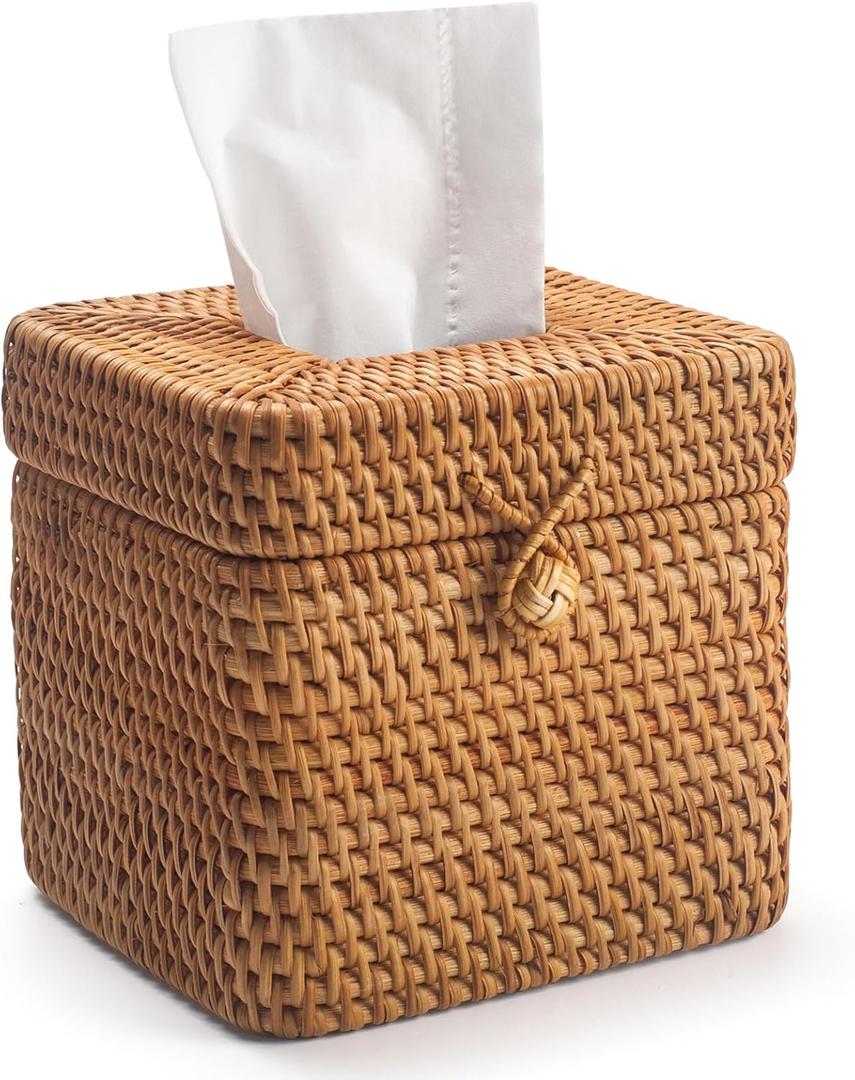 Rattan Tissue Box Cover Square, Wicker Tissue Box Holder with Lid, Natural Woven Facial Tissue Holder for Bathroom, Kitchen, Living Room (Natural)