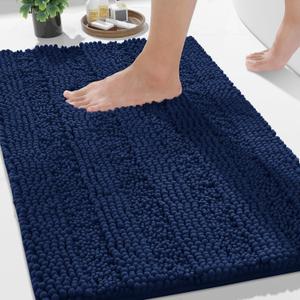 Yimobra Navy Blue Bathroom Rug Mat, Non Slip Quick Dry Bath Mats, Extra Thick and Super Absorbent Bath Rugs, Luxury Microfiber Chenille Plush Fluffy Washable Soft Shower Carpet for Floor, 24" x 17"