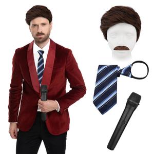 4 Pcs Newsreader Costume 70s 80s TV Host Accessories Kit with Short Brown Wig Mustache Microphone Striped Tie for Adult Men Halloween Movie Cosplay Party Dress up