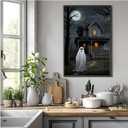XWNLTEPK Halloween Canvas Wall Art Spooky Ghost Figure Haunted House Poster Moonlit Trees Foreboding Silhouette Wall Print Dark Gray Black Decor Living Room Bedroom (8x12in Black Framed, A05)