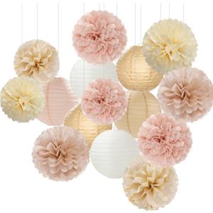 Champagne-Gold White Party-Decorations Paper-Flowers Lanterns - 15PCS Boho Fall Rustic Tissue Pom Poms Streamers,Wedding Baby Bridal Shower Neutral Autumn Birthday Hanging Supplies Decor Hugfond