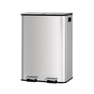 GarveeHome 2 x 8 gal Stainless Steel Double Trash Can with Lid for Kitchen, Large Dual Trash and Recycle Bin Combo, Step-on Kitchen Metal Garbage Cans, PP Inner Buckets, Liner Rim, Silver