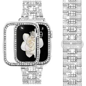 Supoix Compatible with Apple Watch Band 38/40/41/42/44/45/46/49mm+ Case, Women Jewelry Bling Diamond Rhinestone Replacement Metal Bands & 2 Pack PC Protector Case for iWatch Ultra 3/2/1 Series 11/10/9/8/7/6/5/4/3/2/1/SE