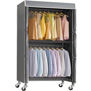 VIPEK R2C Medium Rolling Garment Rack with Cover Heavy Duty Clothes Rack Adjustable Clothing Rack for Hanging Clothes Portable Closets with Double Rods, Wardrobe on Wheels, Black Rack with Grey Cover