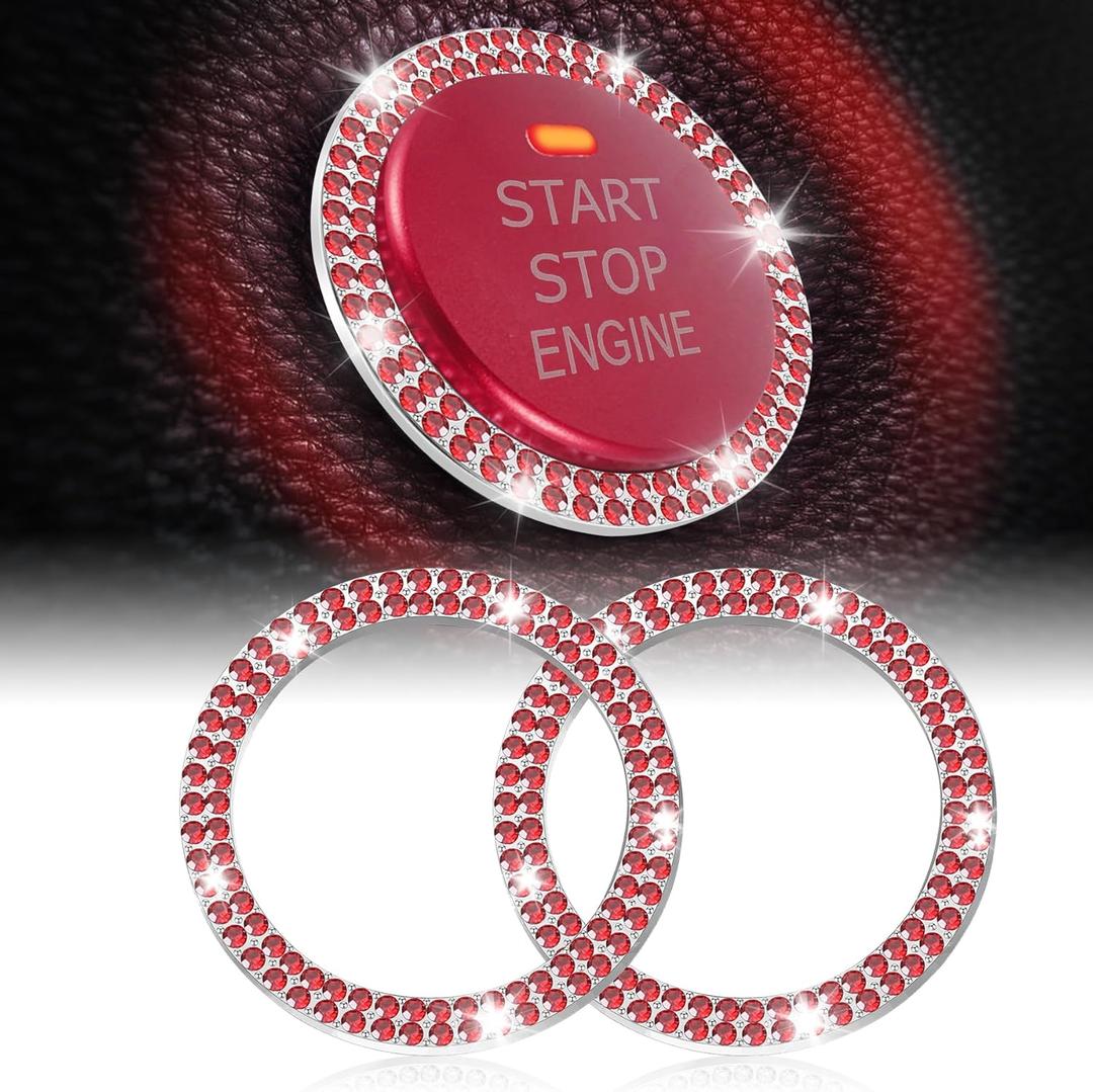 LivTee Car Engine Start Stop Decoration Ring, Crystal Double Rhinestone, Bling Car Interior Accessories for Women, Key Ignition & Knob Bling Ring, Push to Start Button Cover/Sticker, Red