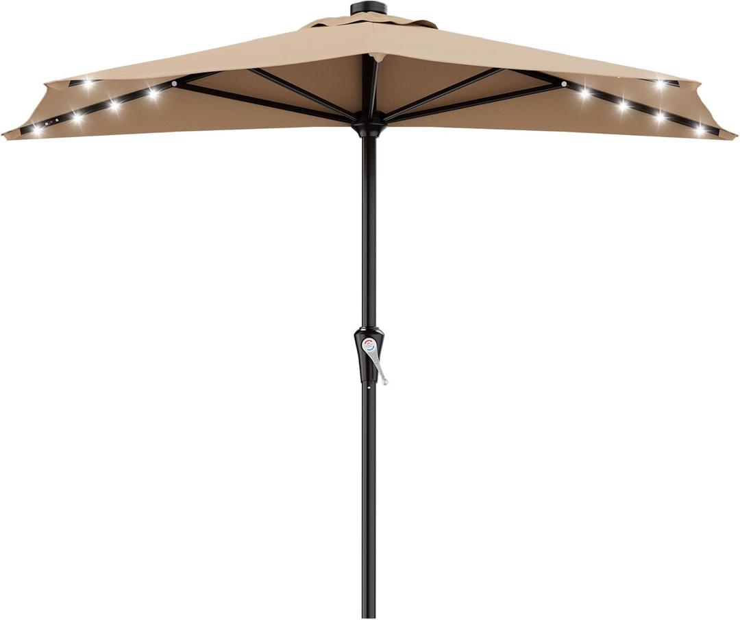 AreShark 9ft Patio Half Umbrellas with Solar Lights, 1/2 LED Half Outdoor Umbrella w/ 20 LED Lights, Lighted Table Wall Umbrella with Crank & 5 Sturdy Ribs for Market, Pool, Deck, Lawn and Garden, Beige