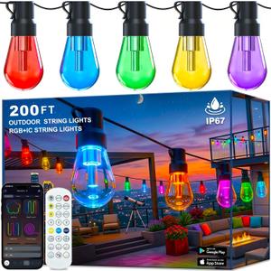 Outdoor String Lights,200FT Smart RGB+IC Patio Lights with Shatterproof LED Bulbs ,Outside Light Dimmable Patio for Decor DIY IP67 Waterproof ,Courtyard, garden, Holiday, LED lights more Scene Modes