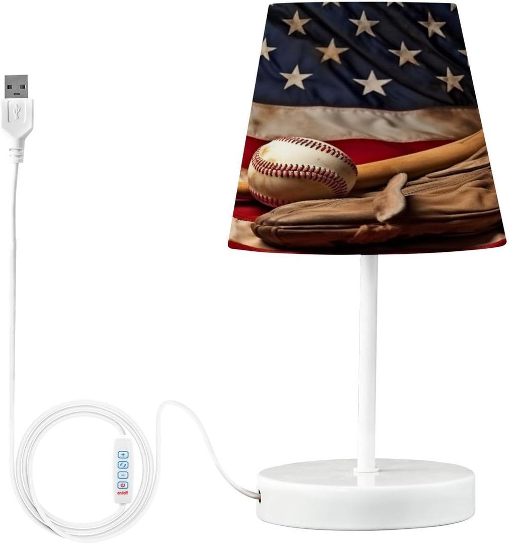 YETTASBIN Baseball American Flag Bedside Table Lamp, Portable LED Desk Light USB Adjustable Brightness Nightstand Lamp with Non Slip Base & Eye-Friendily Lampshade for Home School Office Decor (Small)