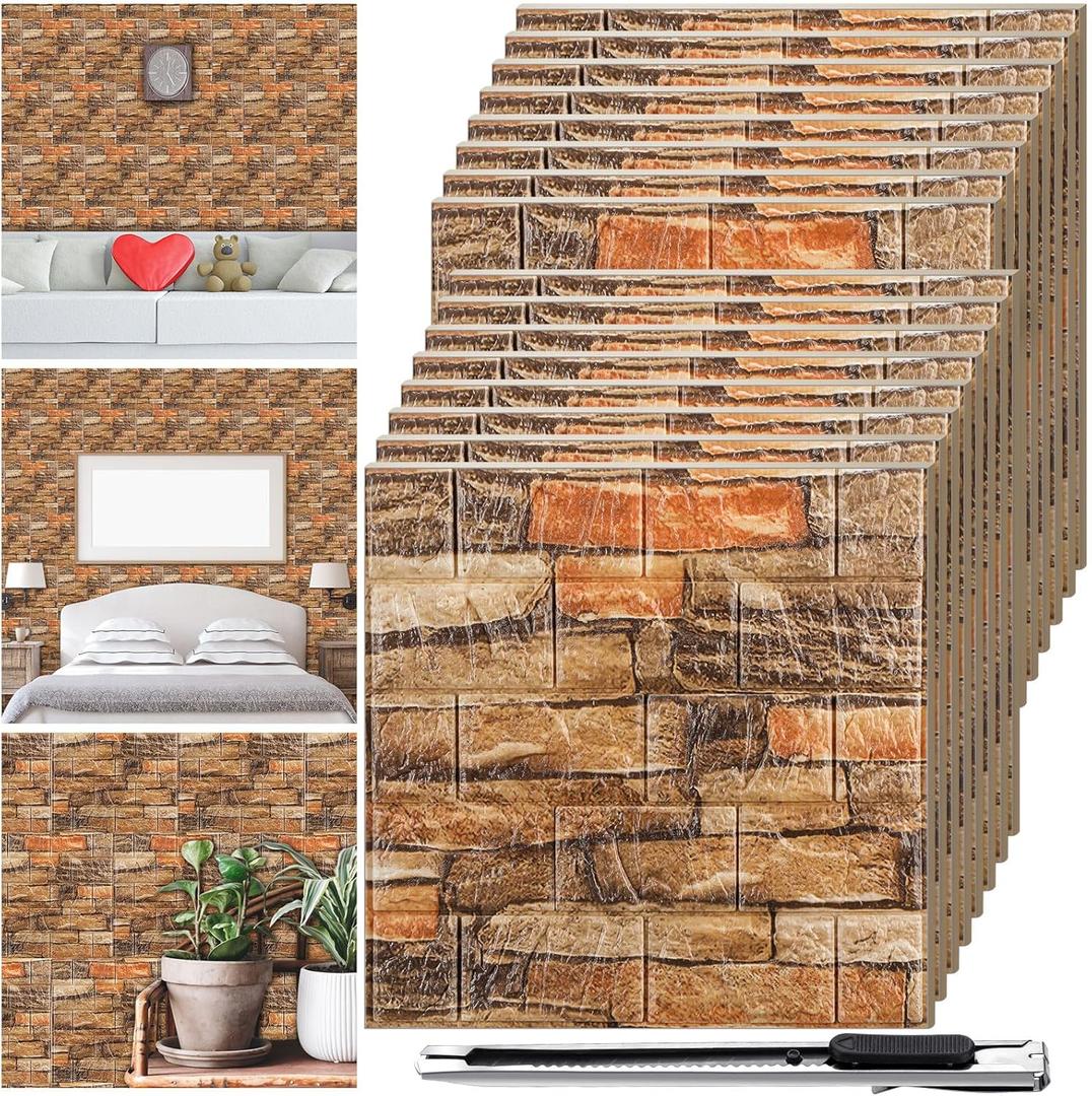 Colarr 60 Pcs 58 Sq ft 3D Wall Panels Peel and Stick Faux Foam 3D Brick Wallpaper Faux Paneling Adhesive Wall Covering Panels Decorative Medieval Tiles Waterproof for Bedroom(Retro Rock Color)