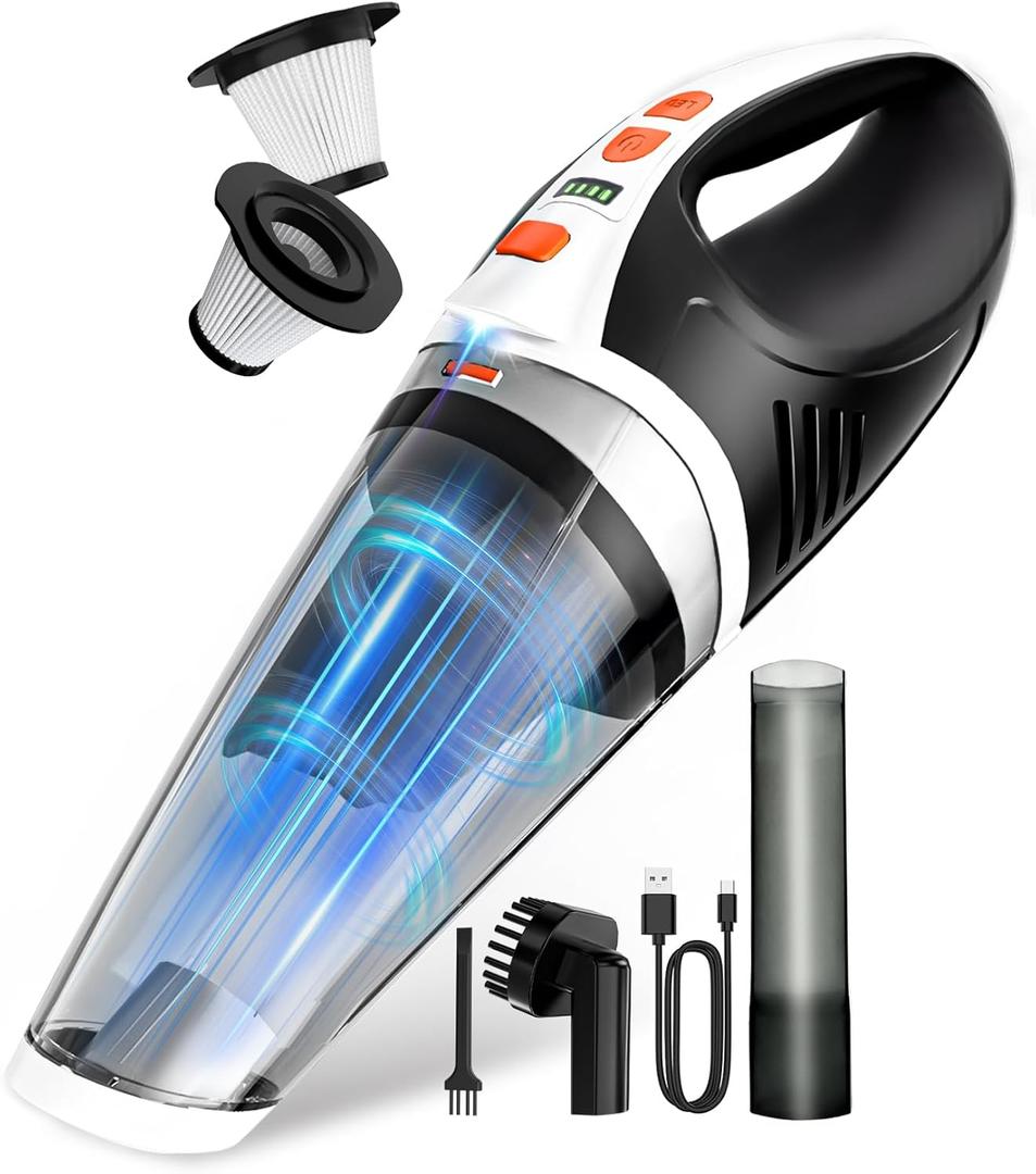 BRL Handheld Vacuum Cordless, Brushless Car Vacuum Cleaner with 12000PA Powerful Suction, 2 Suction Modes Mini Hand Vacuum, Dry & Wet, Portable Vacuum for Car Pet Hair, Home, Office, Keyboards (White Orange)