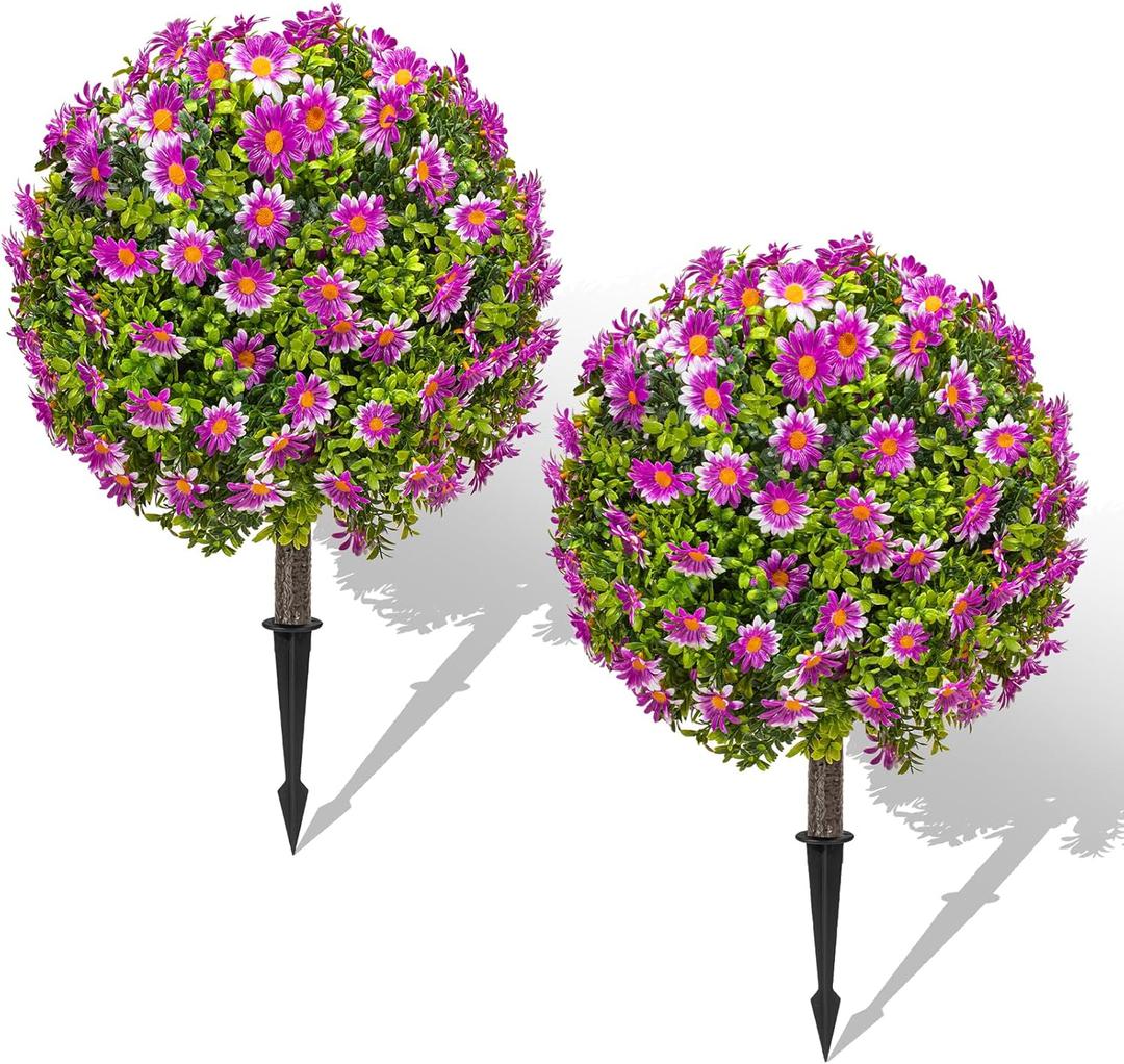 25" Artificial Boxwood Topiary Ball Trees with Purple Daisy, Fake Mums Plants with Ground SpikeSet of 2 UV Resistant Faux Bushes, Fake Shrubs for Garden, Patio, Porch, Yard, Indoor