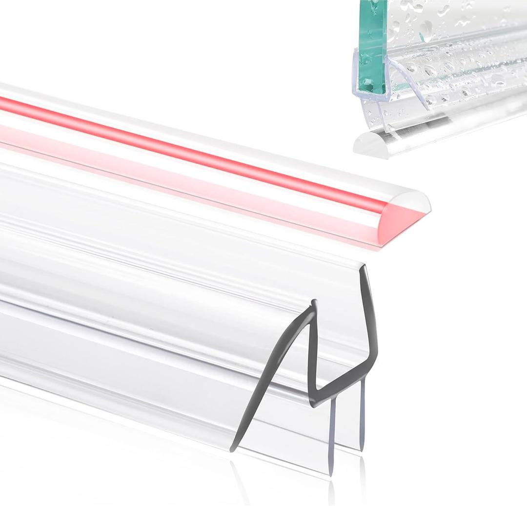 Glass Door Bottom Seal, 1/4" x 39" Shower Door Clear Silicone Seal Strip and PVC Base Set, Frameless Doors Bottom Sweep Glass-Stop Shower Leaks Frameless Shower Doors (White)