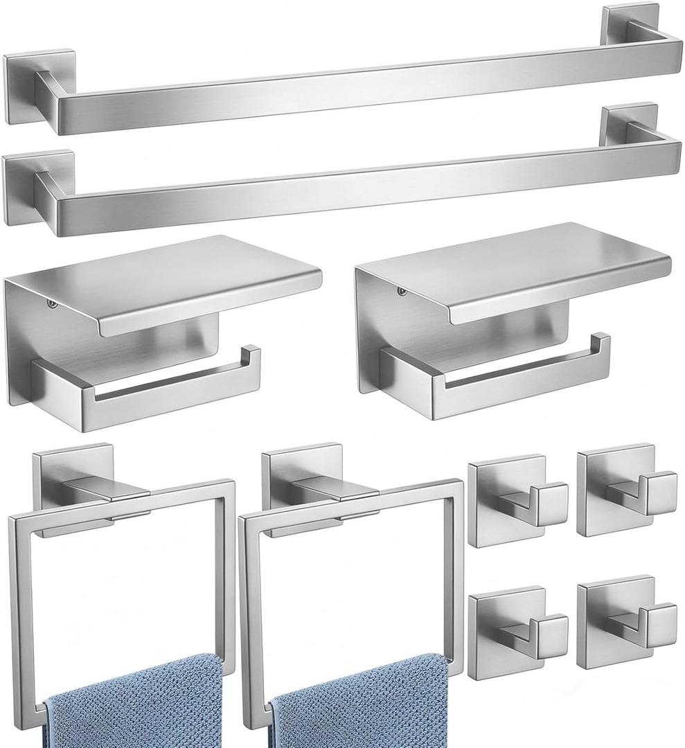 10-Pieces Bathroom Accessories Set Brushed Nickel Bathroom Hardware Set 24 Inch SUS304 Bath Towel Bar Set Towel Rack Set for Bathroom Wall Mounted (10, Brushed Nickel, 24 Inch)
