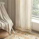 Boho Light Filtering Curtains 2 Panels 84 Inch for Living Room Bedroom, Beige Linen Texture Farmhouse Curtains with Tassels and Cotton Embroidery Vintage Rustic Western Rod Pocket