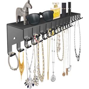 Necklace Jewelry Holder Wall Hanging Organizer Hangers Storage Mounted Shelf with 56 Hooks Tray Display Girls Women Metal Door Earring Mount Key Chains Rack (Black)