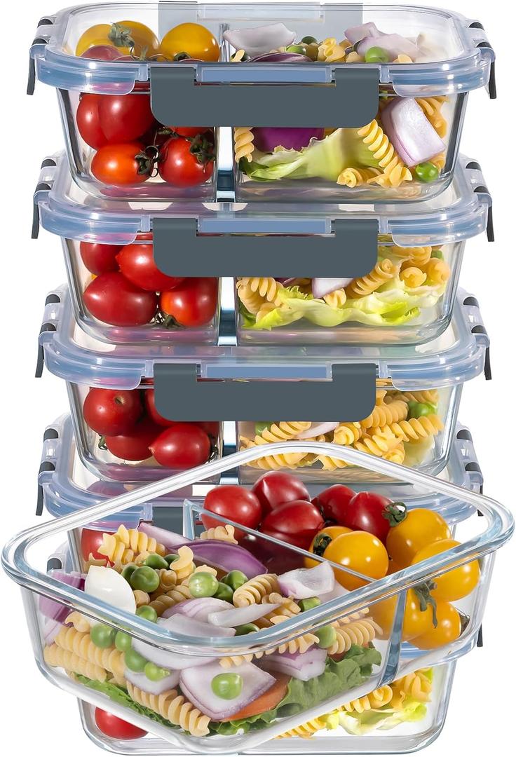 MFY 5-Pack 36 OZ Glass Storage Containers with Lids - 2 Compartment Meal Prep Set, Airtight Glass Lunch Containers, Microwave, Oven, Freezer & Dishwasher Safe, Gray 