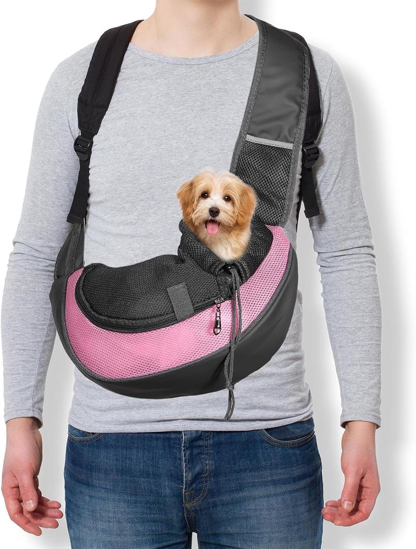 Dog Sling Carrier for Small Pet Up to 5.5 lbs Hand-Free Drawstring Pet Sling Carrier with Safety Hook & Adjustable Strap, (Pink, 1 Pcs) Intended for Hiking and Camping