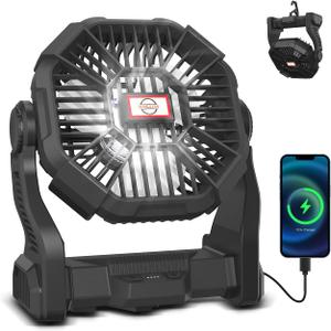 Portable Camping Fan with LED Light, 20000mAh Rechargeable Battery, Adjustable Brightness & Speed, Hanging & Handheld Design, Long-lasting Power for Camping, Hiking, Fishing, Travel, and Home (Black) 