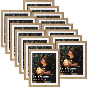 Lyeasw 8x10 Picture Frame 15 Pack, Display Pictures 8x10 with Mat or 9x11 without Mat, Natural Wood Color Bulk Photo Frames for Wall or Tabletop