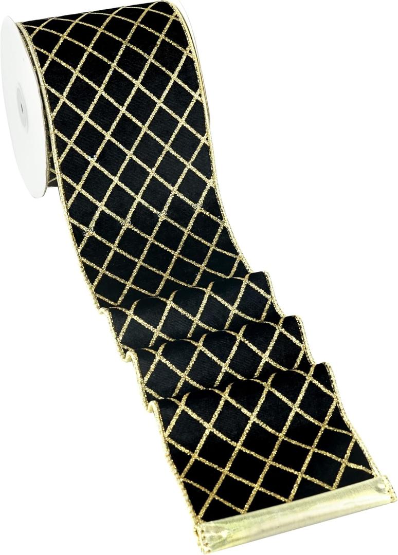 MAYREEL 4 Inch Black and Gold Velvet Wired Ribbon Metallic Diamond Glitter Grid for Christmas Gift Wrapping Floral Craft Bows Wreaths Garland Wedding Holiday Decor 10 Yards