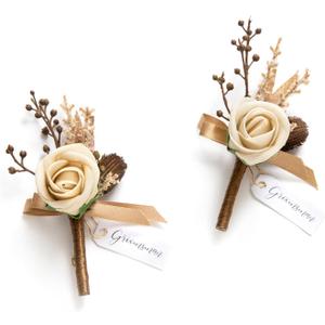 Ling's moment Boutonniere for Men, 2pcs Groom Groomsmen Guest Boutonniere, Artificial Flowers for Wedding/Prom/Homecoming, etc.Brown Beige