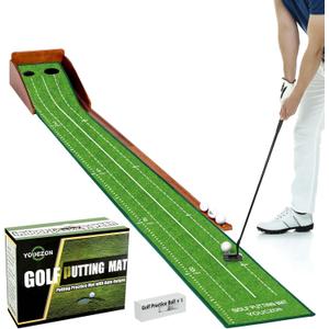 YOUCZON Putting Green Indoor,Golf Putting Mat with Auto Ball Return,Premium Crystal Velvet Surface, Practice Putting mat, Perfect Training Aid & Gift for Golf Lovers Christmas (Green two holes)