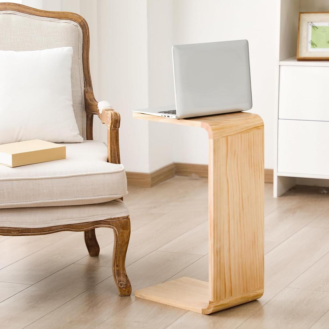 Cinnvoice C Shaped Side Table Solid Wood End Table for Living Room Couch Small Place Coffee and Eating Snack Tray