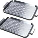 Grill Pan Set of 2, BBQ Grill Topper for Outdoor Grill, Stainless Steel Grilling Baskets with Holes and Handles, Perforated Food Tray Barbecue Accessories for Vegetable, Fish, Middle x 2