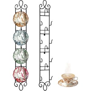 Blulu 2 Pcs Wall Mounted Tea Cup & Saucer Display Rack, 4-tier Metal Mug Holder with Plate Hangers, Decorative Wall Storage for Kitchen, Gift&Coffee Bar Display, 36'' x 5'' (Black)
