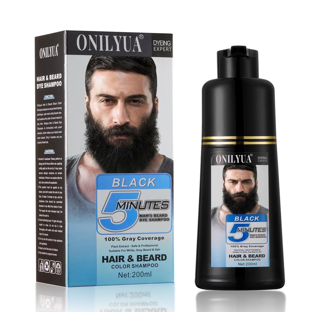 Men's Long-Lasting Black Hair Dye & Root Touch Up for Gray Coverage - 5 Minute Natural Beard & Mustache Coloring Shampoo 3-in-1