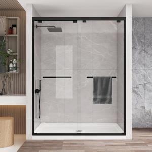 KPUY Glass Shower Door, 56-60" W x 76" H Semi-Frameless Double Sliding Shower Door, 1/4" (6mm) Thick Tempered Clear Glass with Explosion-Proof Film Nano Coating, Matte Black