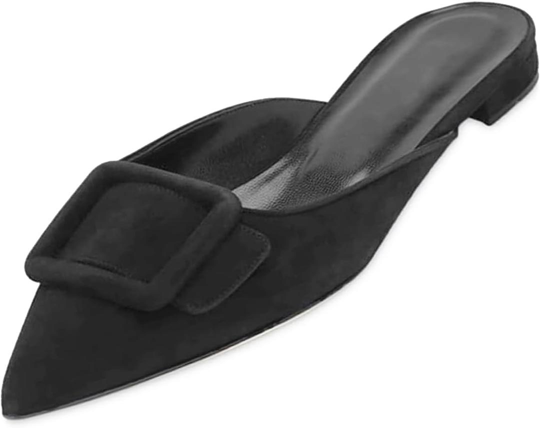 Mules for Women,Slingback Buckle Flat Mules Pointed Toe Slide Shoes (8, Black)